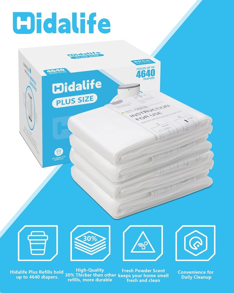 HIDALIFE عبوات إعادة تعبئة متوافقة مع سلات حفاضات ديكور بلس، أكياس نفايات حفاضات قابلة للتخلص، بطانات إعادة تعبئة سلات حفاضات سميكة إضافية، تحمل حتى 4640 حفاض (8 عبوات) - Image 5